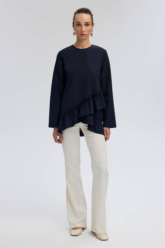 Tunica blu navy con balze asimmetriche