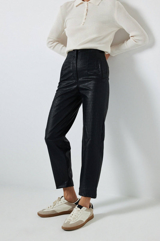 Pantaloni in ecopelle a vita alta con stampa coccodrillo