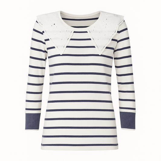 Maglia a righe con maxi colletto sangallo