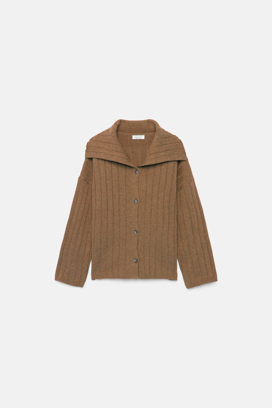 Cardigan a coste con collo ampio