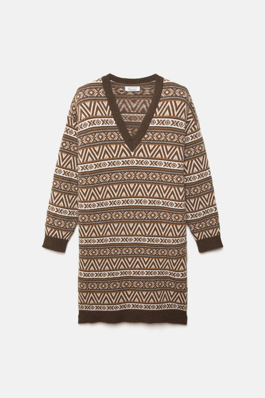 Abito in maglia jacquard con scollo a V