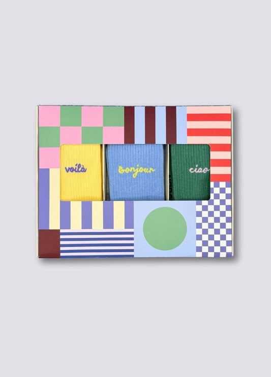 Set regalo di 3 paia di calze colorate con scritte Voilà, Bonjour e Ciao