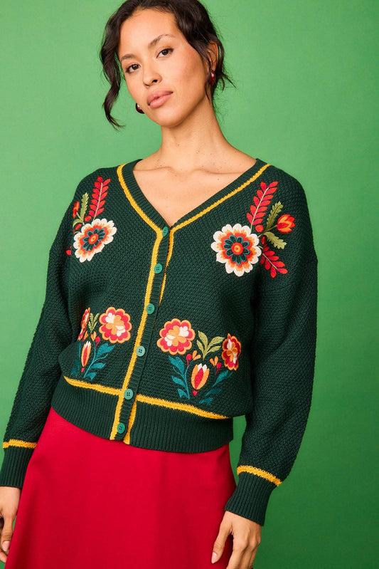 Cardigan ricamato floreale verde Senda