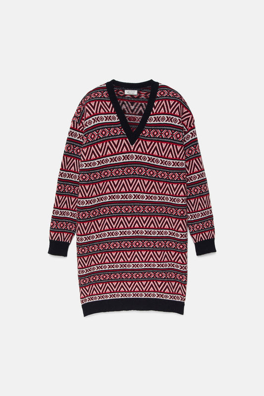 Abito in maglia jacquard con scollo a V