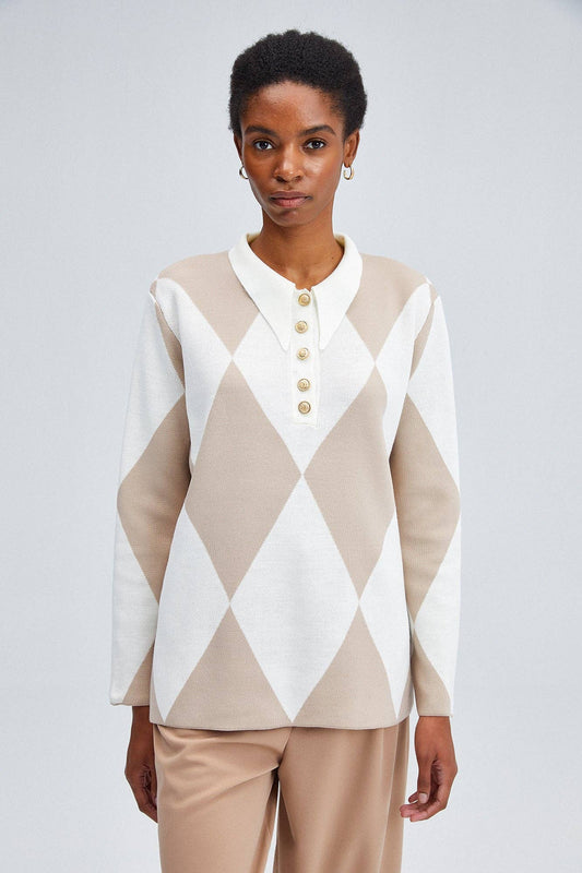 Tunica in maglia con colletto polo a rombi