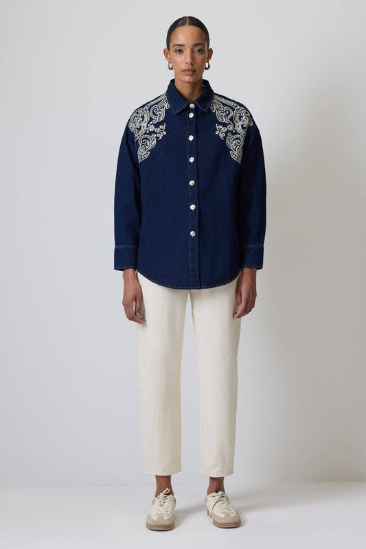 Camicia in denim blu scuro ricamata stile western