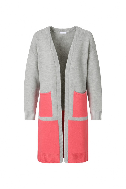 Cardigan lungo in maglia bicolore con tasche