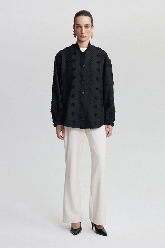 Bomber in pizzo floreale nero da donna