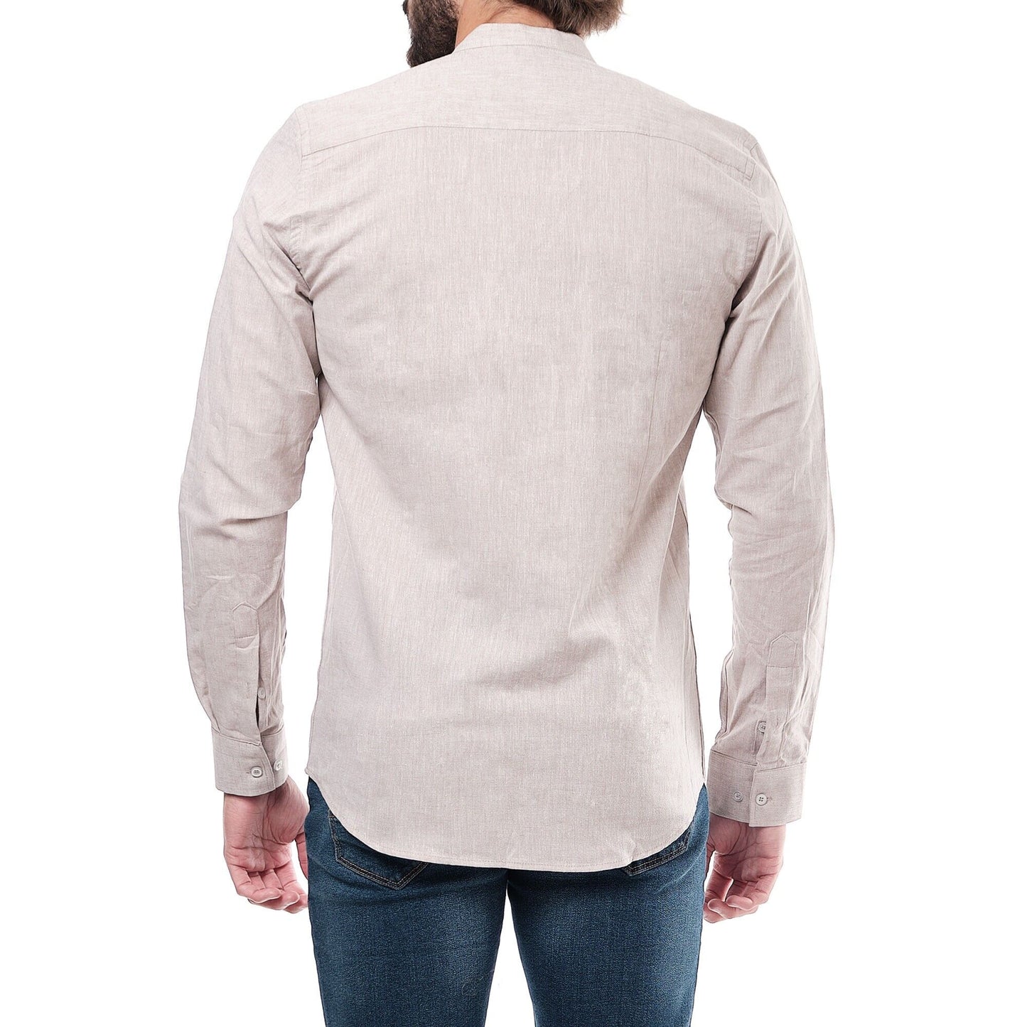 Camicia uomo in cotone e lino tinta unita con collo alla coreana marrone ghiaccio
