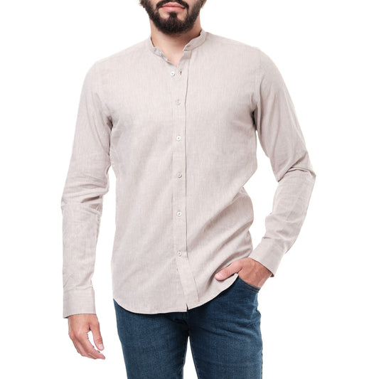 Camicia uomo in misto cotone e lino tinta unita con collo alla coreana