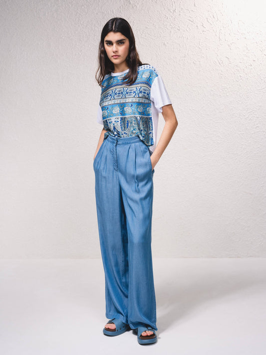 Pantaloni palazzo in tencel effetto denim