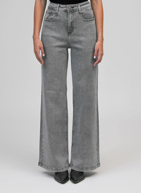 Jeans grigi con paillettes a vita alta