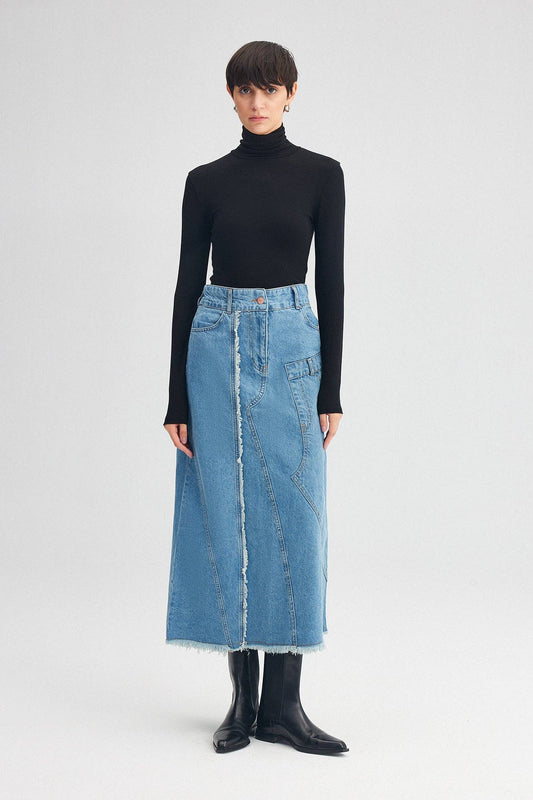Gonna lunga in denim con cuciture a contrasto