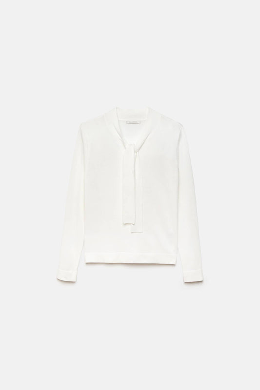 Maglione in maglia rasata con scollo a V e fiocco