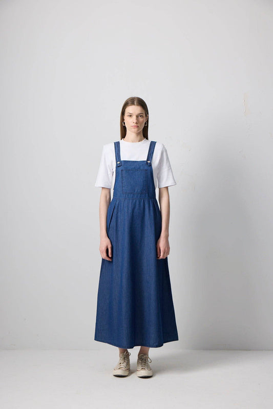 Abito maxi salopette plissé effetto denim