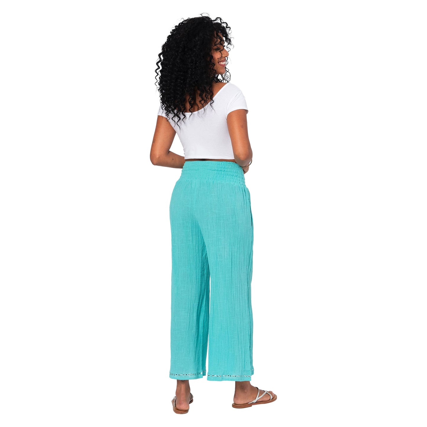 Pantaloni estivi culotte in cotone turchese