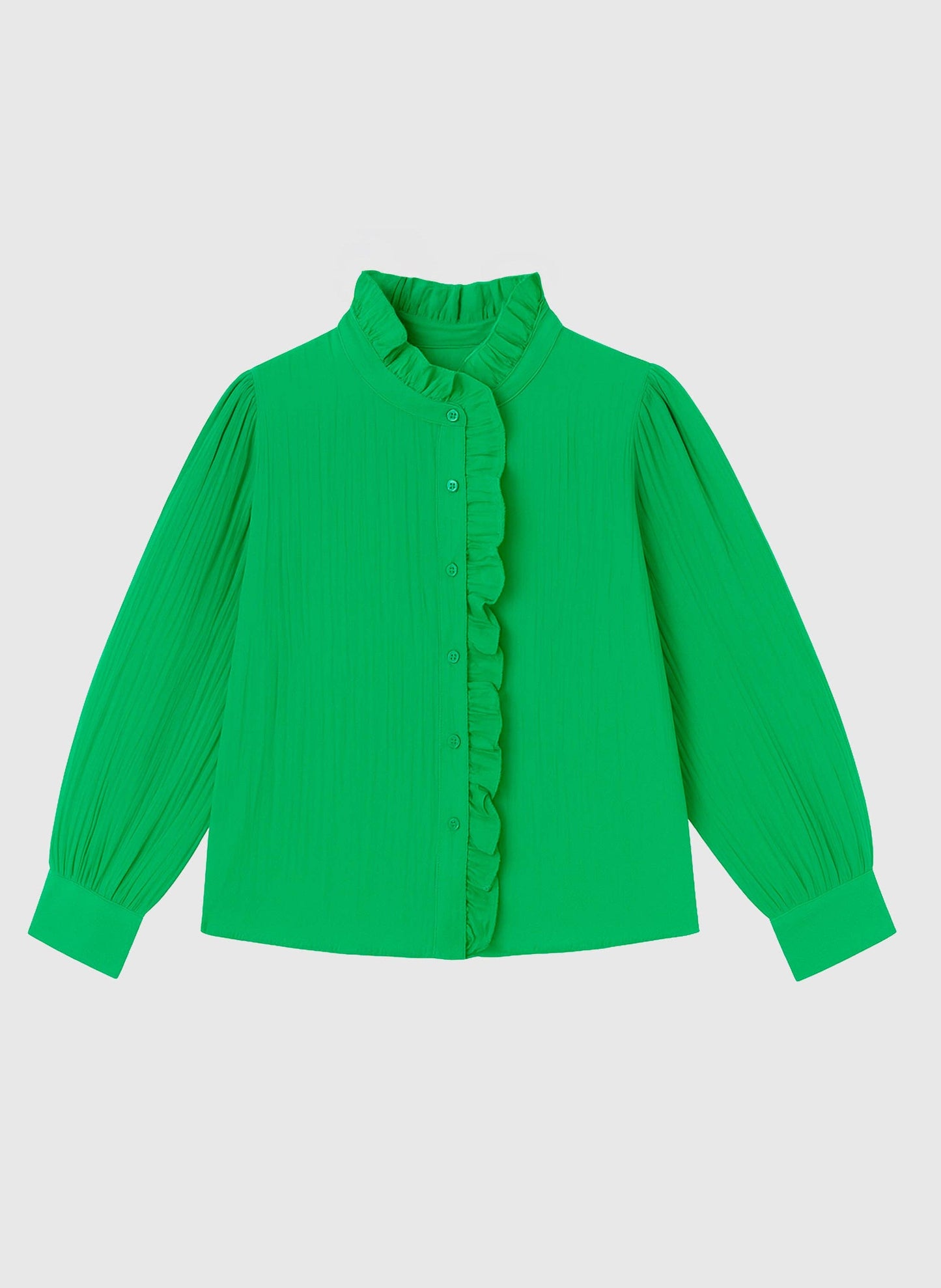 Camicia verde con rouches e collo alto