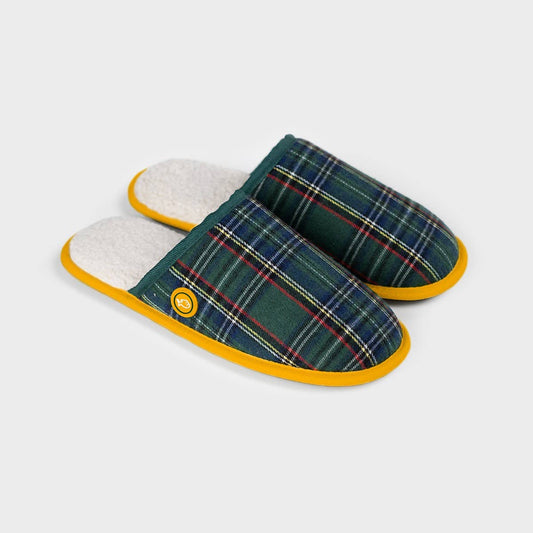 Pantofole a quadri verdi in sherpa con suola in gomma