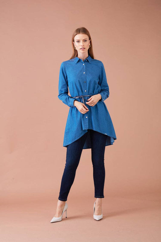 Camicia lunga in denim con cintura