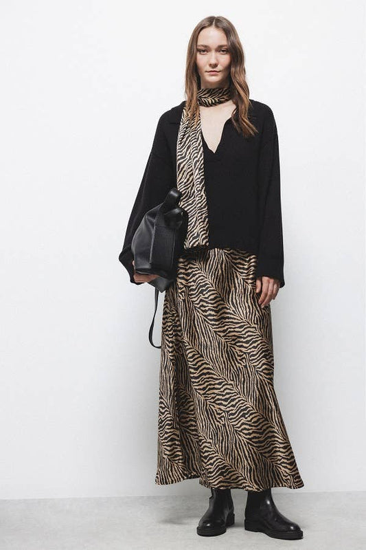 Gonna midi in raso animalier con vita elasticizzata