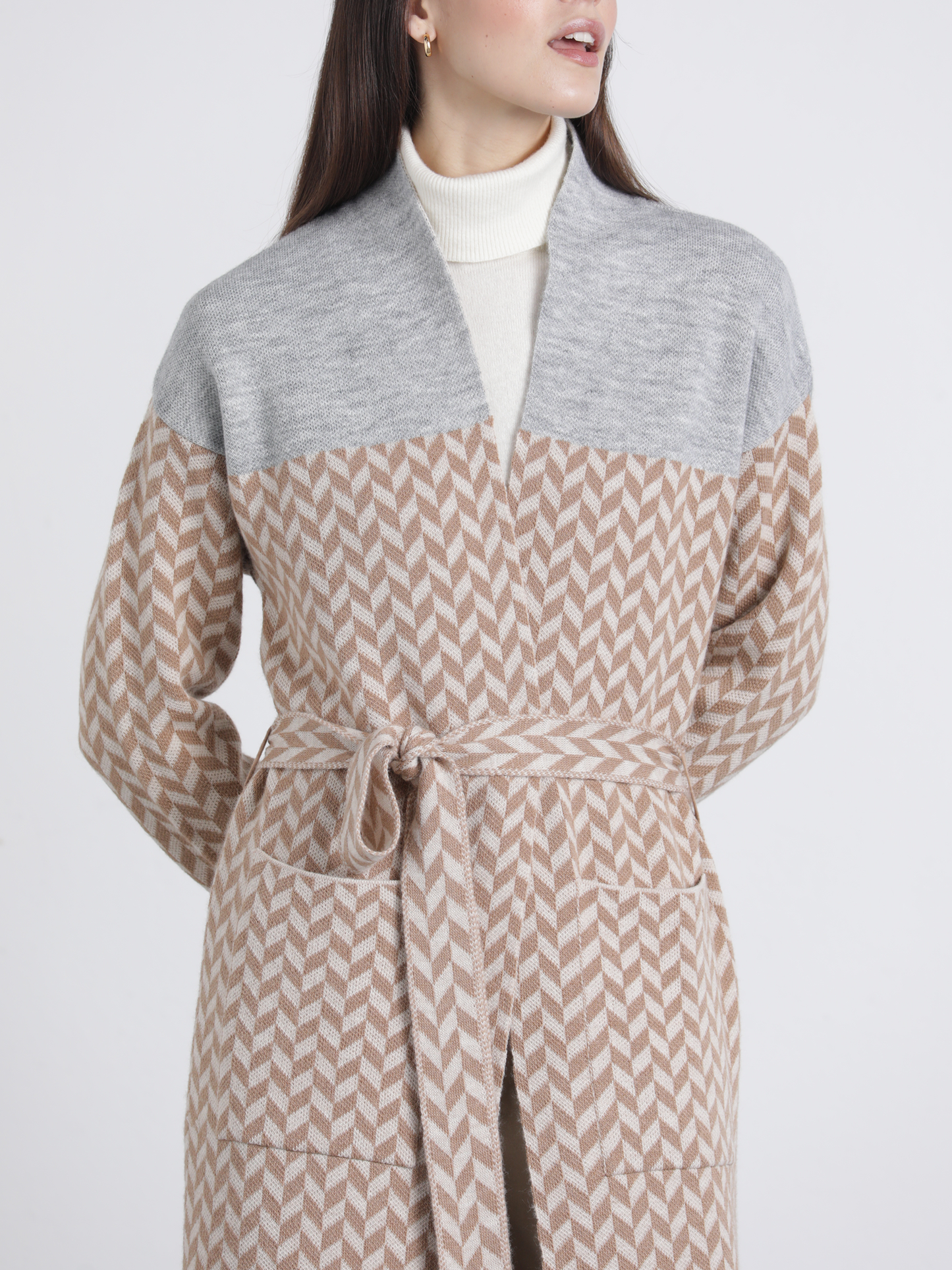 Cappotto lungo jacquard con cintura