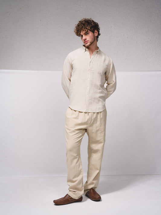 Pantaloni in lino misto cotone con vita elasticizzata