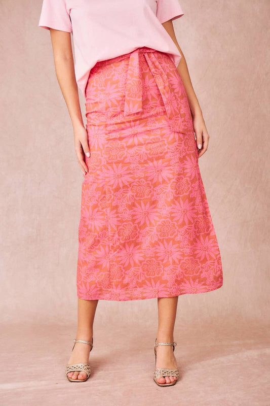 Gonna midi floreale con nodo in vita