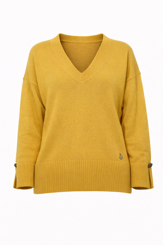 Pullover donna in maglia con scollo a V e polsini con bottoni