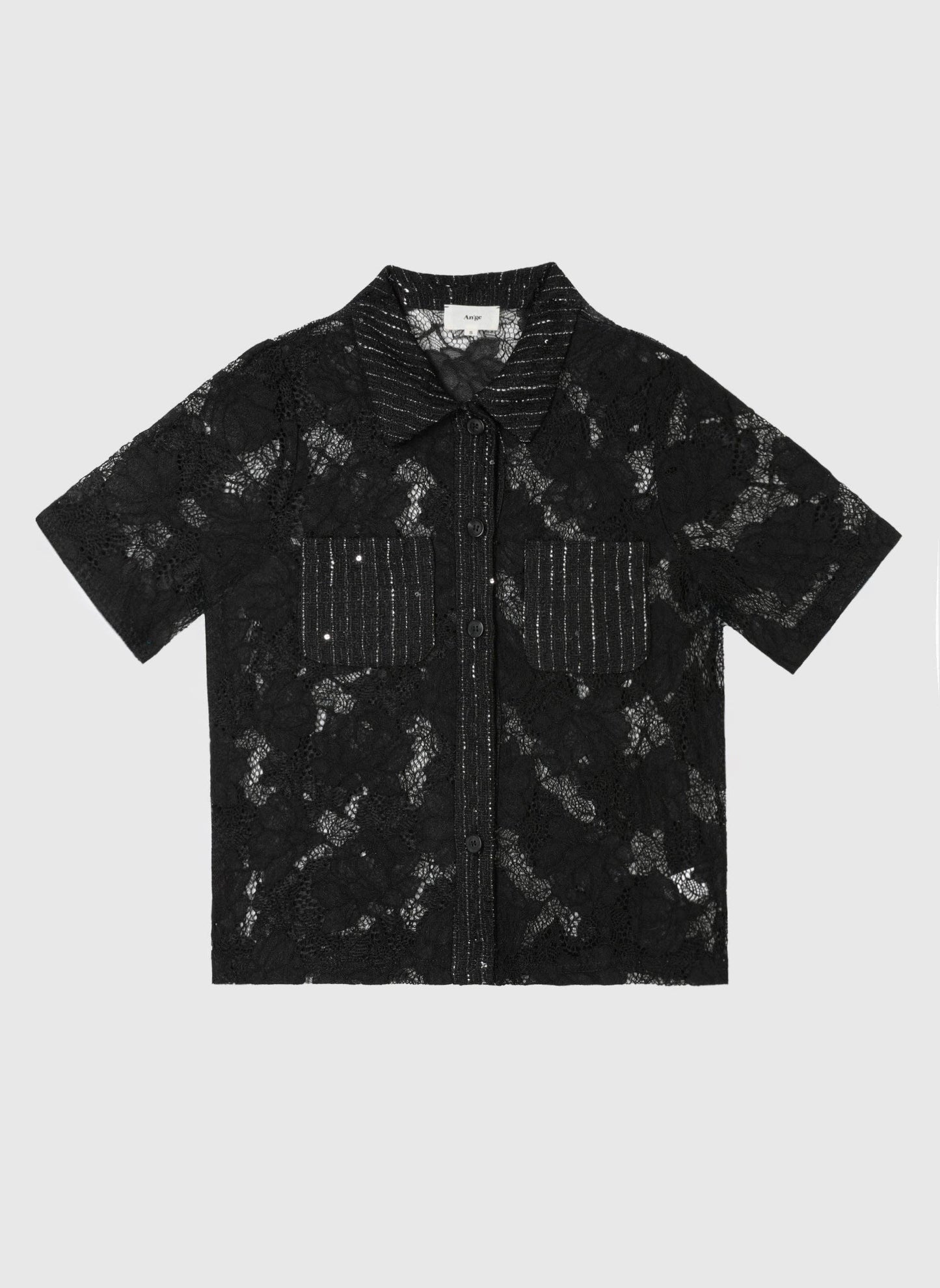 Camicia in pizzo nero con colletto e maniche corte