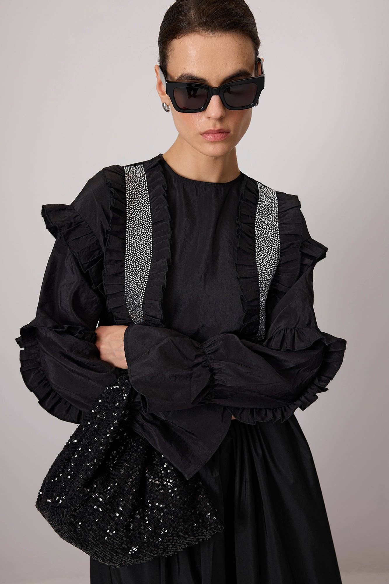 Mini borsa hobo nera con paillettes