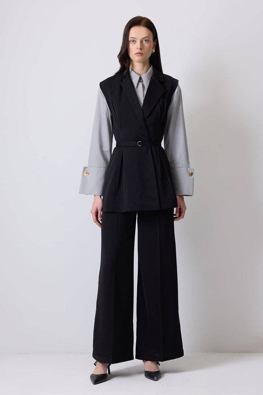 Set gilet doppiopetto con cintura e pantaloni a gamba larga