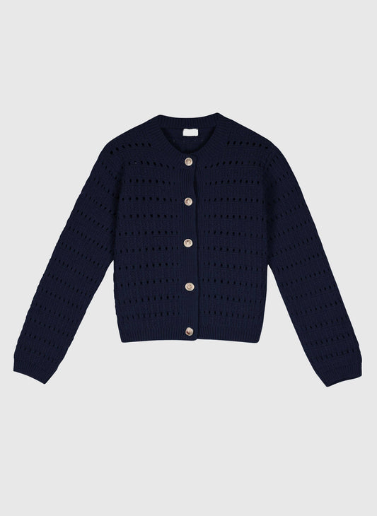 Cardigan in maglia traforata blu navy con bottoni dorati