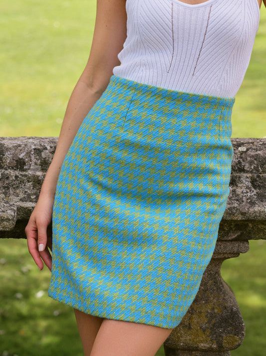 Gonna jacquard pied de poule blu e verde