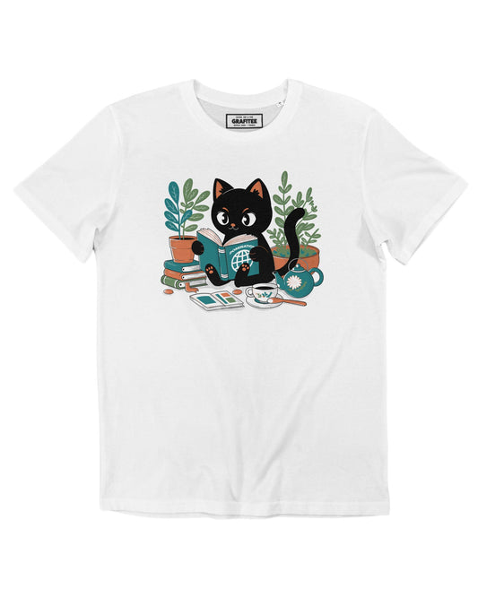 T-shirt unisex in cotone biologico con gatto che legge