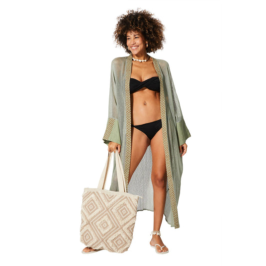 Kimono estivo boho in cotone verde a maniche lunghe