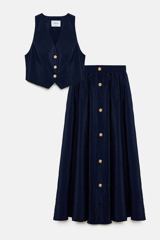 Completo gilet e gonna midi blu navy