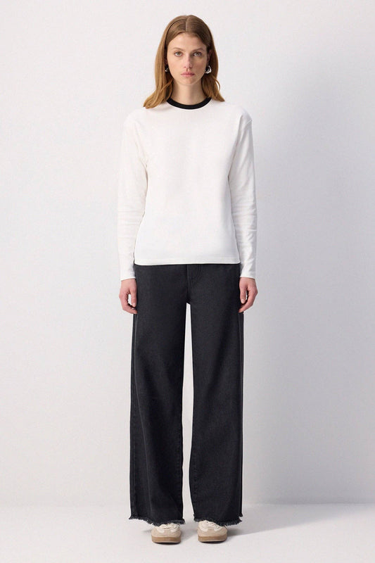 T-shirt a manica lunga in cotone con collo a costine