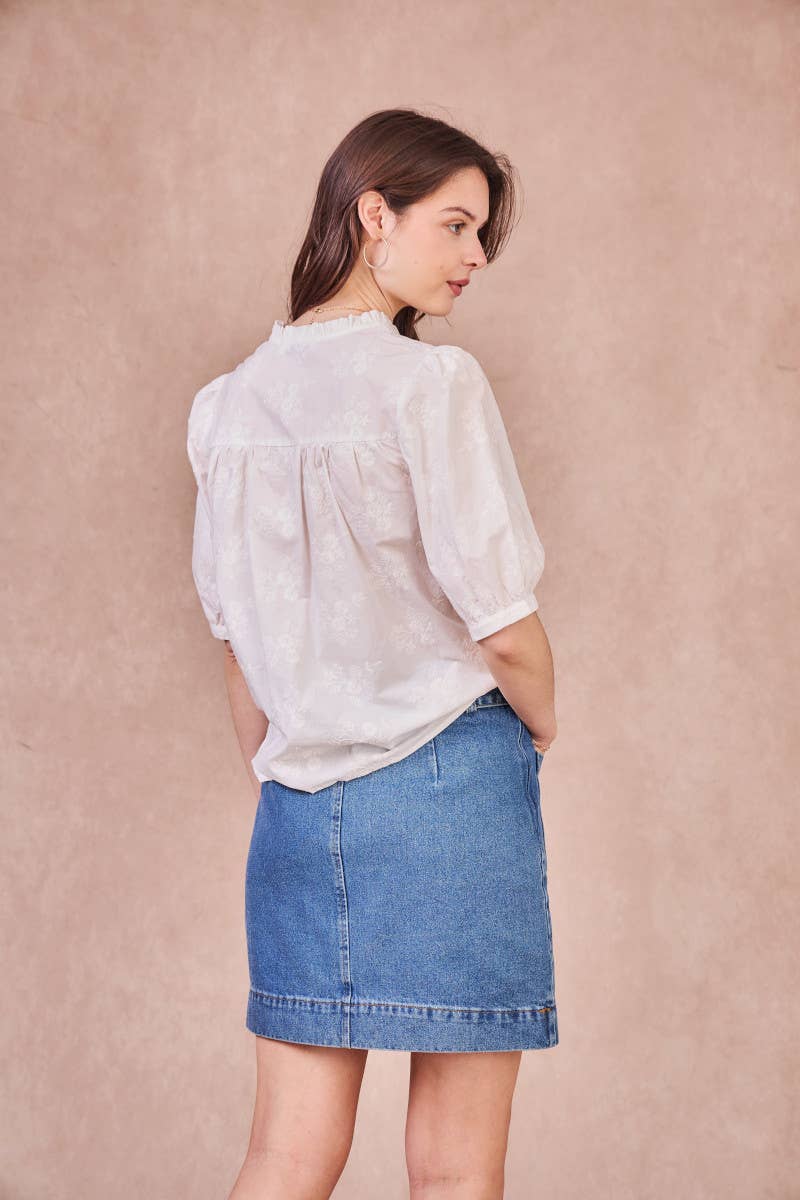 Gonna denim in cotone a vita alta con cintura