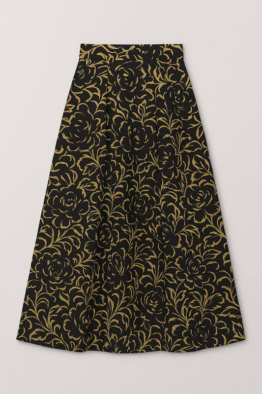 Gonna midi a campana floreale nera e oro