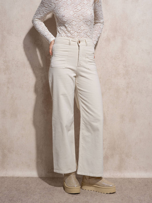 Pantaloni a vita alta in cotone elasticizzato color perla