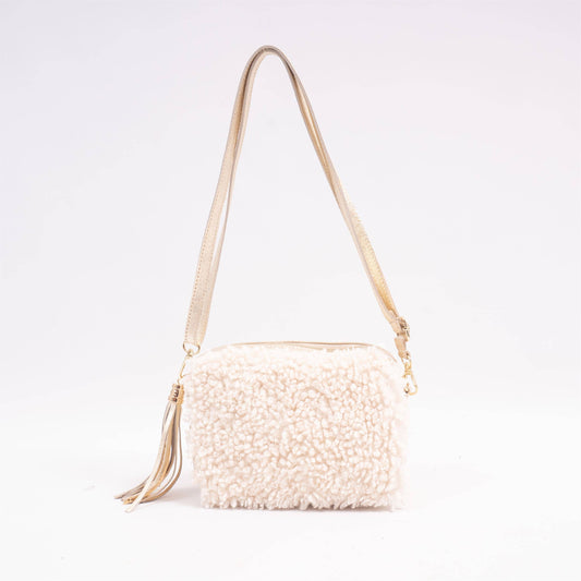 Borsa a tracolla in eco pelliccia con nappa