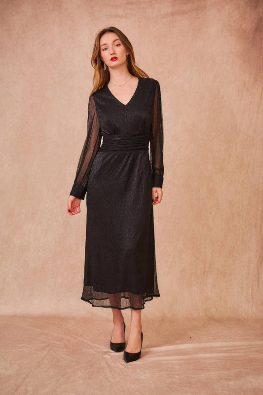 Abito lungo Dina con scollo a V e maniche trasparenti