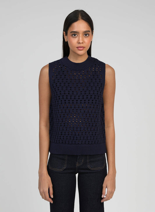 Maglione smanicato navy a collo alto Vikali