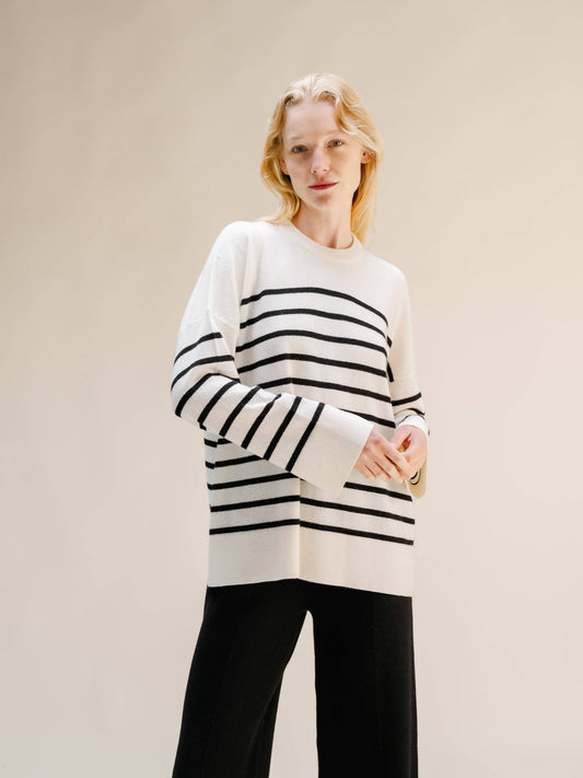 Maglione Girocollo Oversize a Righe in Misto Cashmere