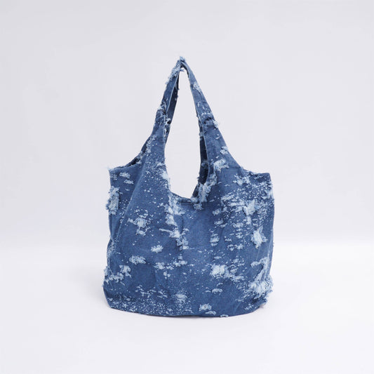 Borsa tote effetto denim in cotone con strappi