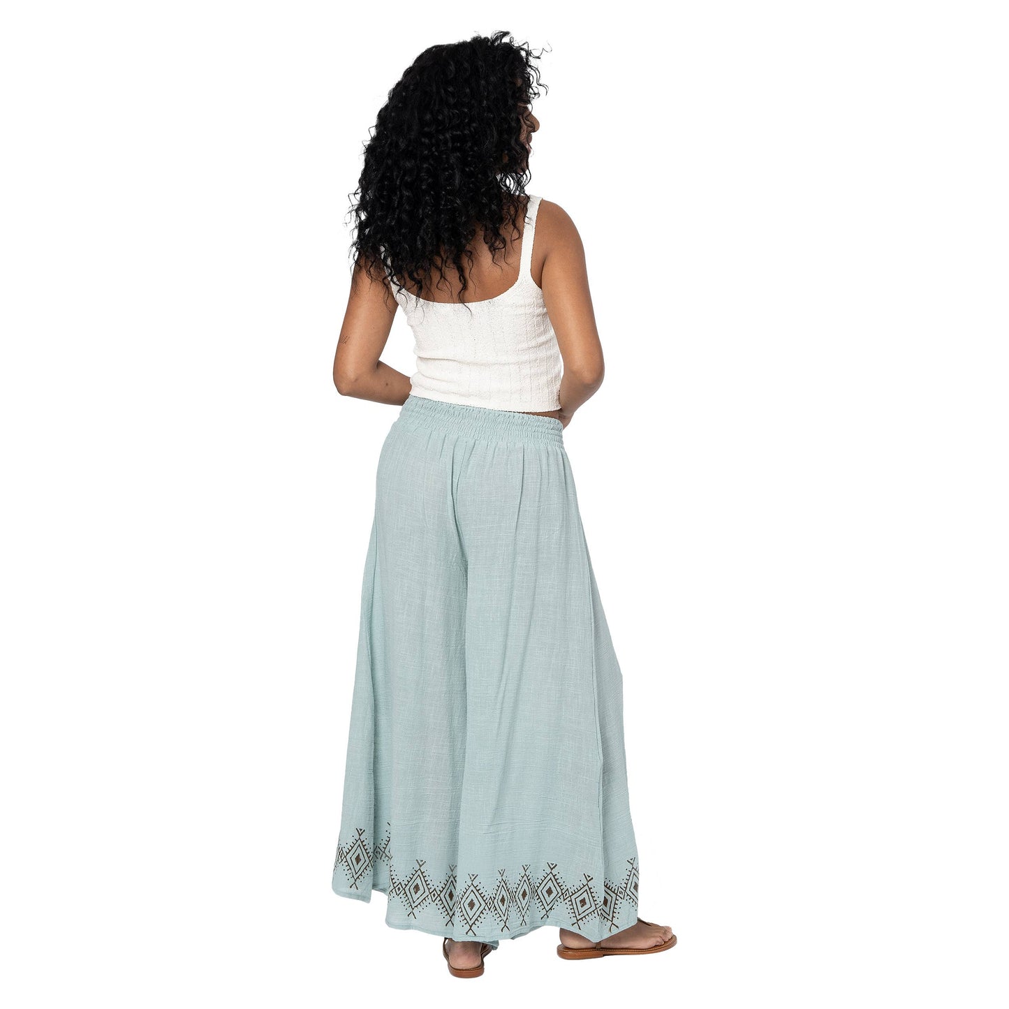 Pantaloni estivi fluidi in voile celeste