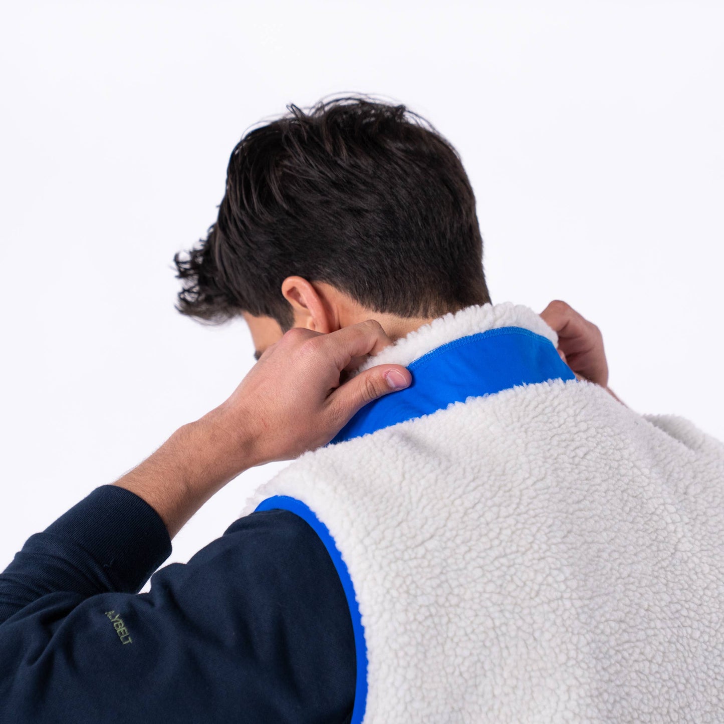 Gilet sherpa unisex avorio e blu con zip