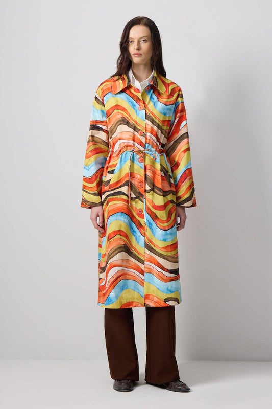 Trench coat in cotone con cintura e stampa astratta Colorwave