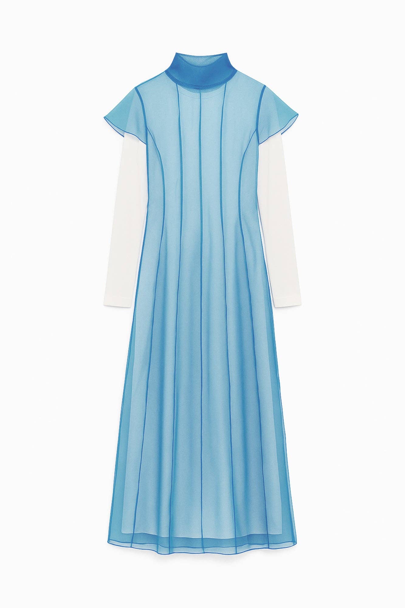 Abito lungo in maglia con sovrapposizione in organza trasparente blu