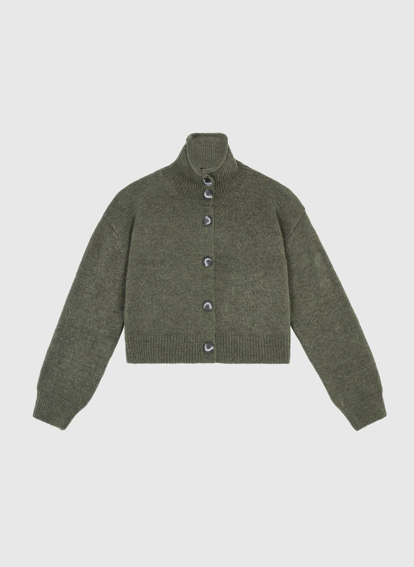 Gilet cardigan in maglia color kaki con collo alto